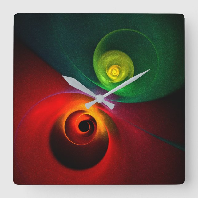Red Green Yin Yang Modernes Abstraktes Kunstmuster Quadratische Wanduhr (Vorderseite)