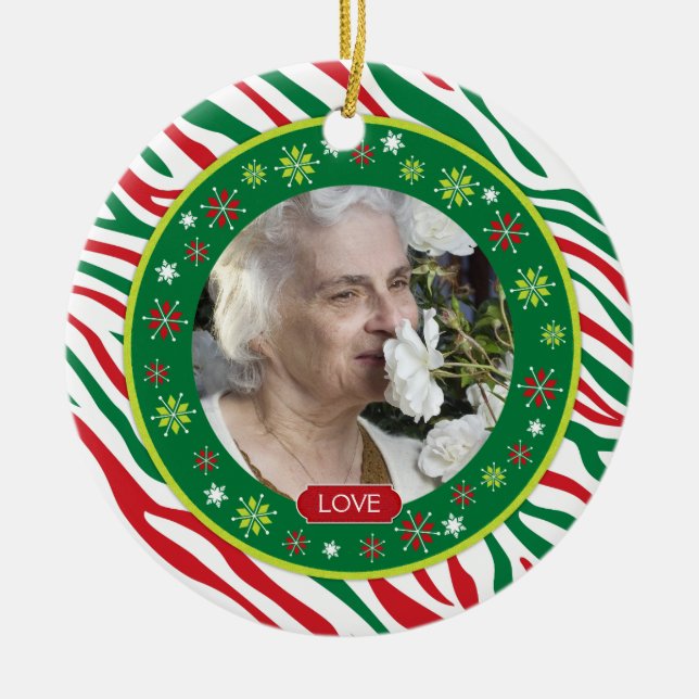 Red Green Zebra Print Memorial Foto Weihnachten Keramikornament (Vorne)