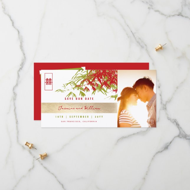 Red Green Zen Bamboo Verlasse Foto Chinesisch Hoch Save The Date (Vorderseite/Rückseite Beispiel)