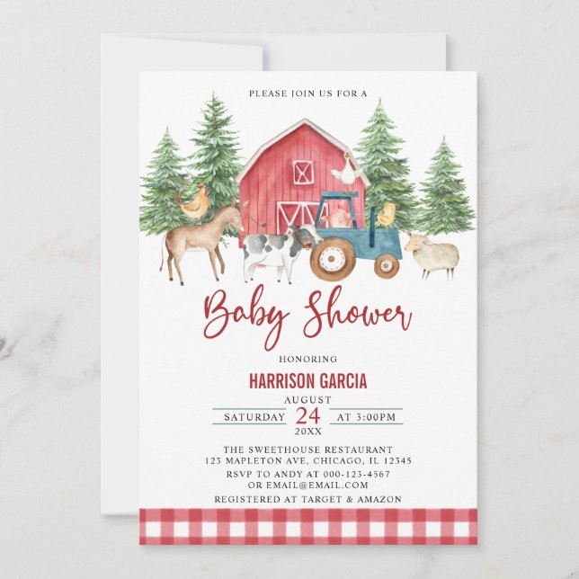 Red Greenery Barnyard Farm Animals Baby Shower Einladung (Vorderseite)