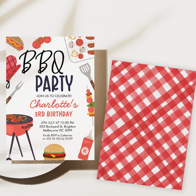 Red Grillen Red Oven Mitt Girls Grillen Birthday Einladung (Bbq birthday party invitation, Backyard Bbq Birthday Invitation, Gingham, red mitt, Summer Bbq Party)
