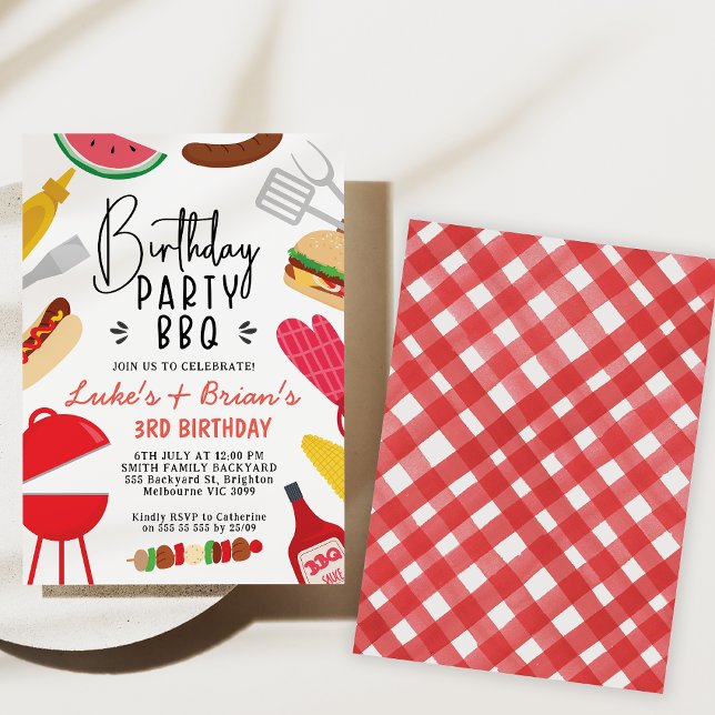 Red Grillen Twins oder Join Birthday Einladung (Red Joint BBQ birthday Party Invitation, Dual BBQ Birthday Party Invite Barbecue Summer Party Invite)