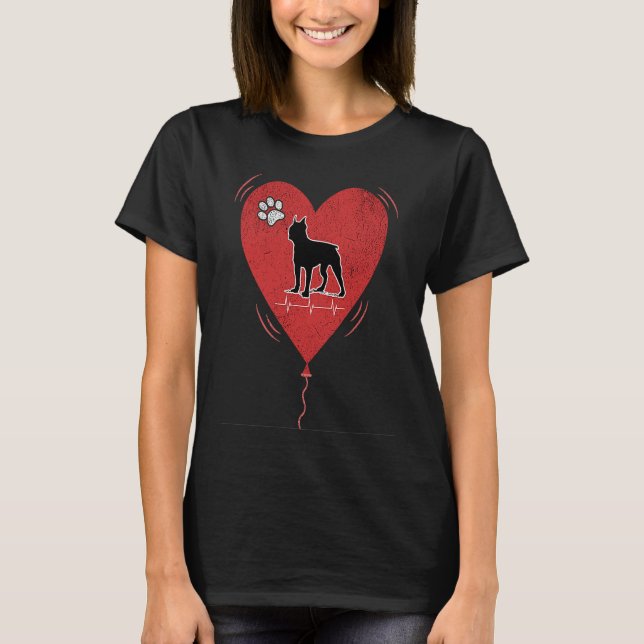 Red Grunge Heart Boston Terrier Heartbeat Valentin T-Shirt (Vorderseite)