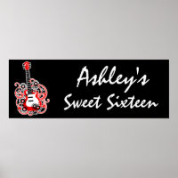 Red Guitar Rock Star Sweet 16 Banner Poster