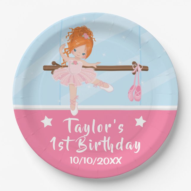 Red Hair Ballerina Pink Tutu Birthday Paper Teller (Vorderseite)