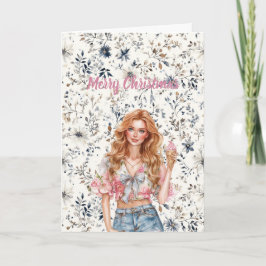 Red Hair Girl Blue Floral Christmas Karte