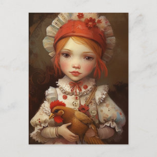 Red Hair Girl hält ihre Hähnchen KI Art Postkarte