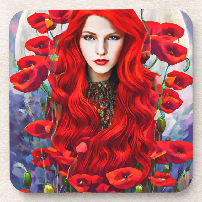 Red Hair Girl In Poppy Blume Fantasy Art Getränkeuntersetzer (Vorderseite)
