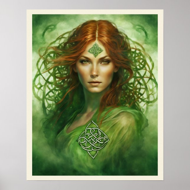 Red Hair Green Eyes Celtic Knot Fantasy Portrait Poster (Vorne)