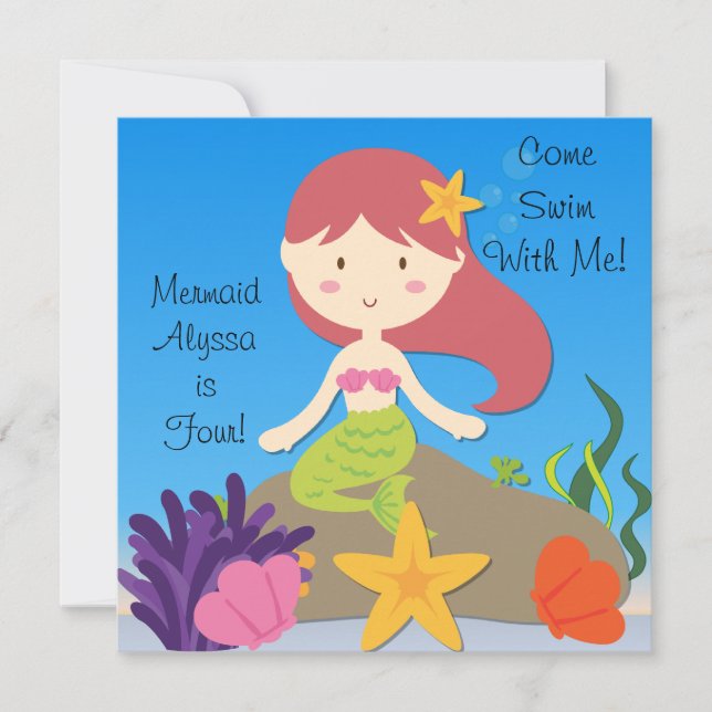 Red Hair Mermaid Custom Birthday Einladung (Vorderseite)