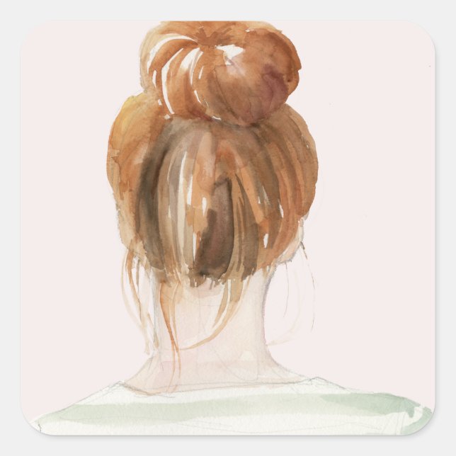 Red Hair Top Knot Bun Quadratischer Aufkleber (Vorderseite)