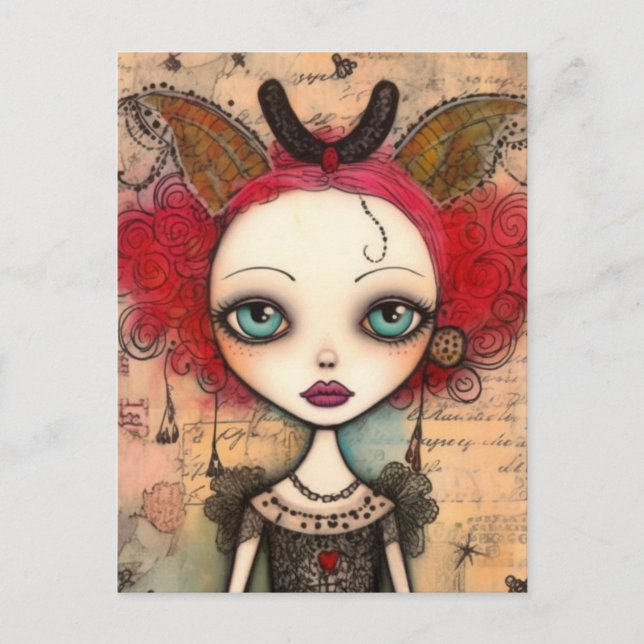 Red Haired Fairy Mixed Media Collage Postkarte (Vorderseite)