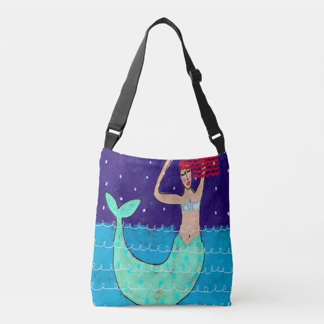 Red Haired Mermaid Beach Bag Tragetaschen Mit Langen Trägern (Vorderseite)