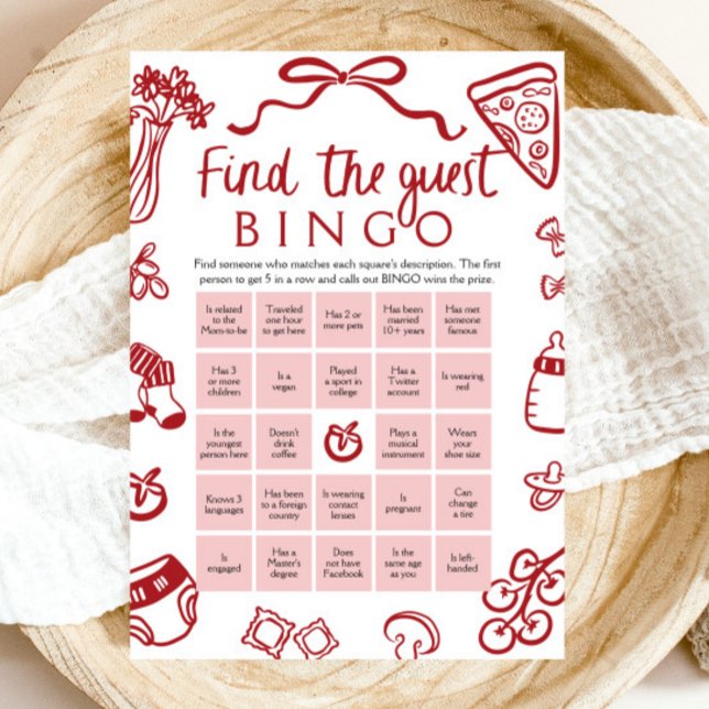 Red Hand Drawing Finden Sie die Bingo Baby Dusche Einladung (Red Hand Drawn Find the Guest Bingo Baby Shower Game)