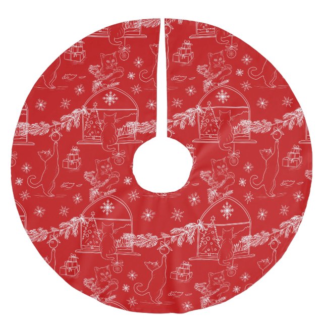 Red Hand drawn cats & Christmas tree  Polyester Weihnachtsbaumdecke (Vorderseite)