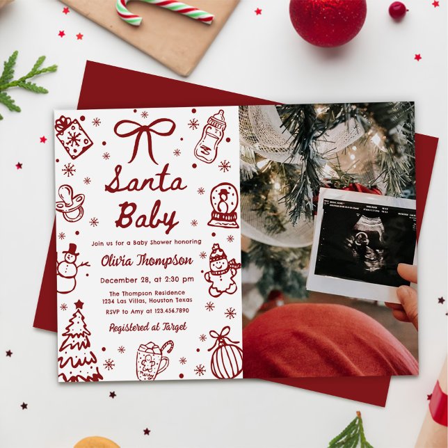 Red Hand Drawn Christmas Santa Baby Shower Photo Einladung (Von Creator hochgeladen)