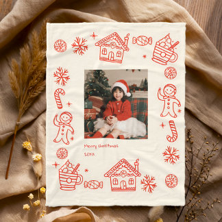Red Hand Drawn Doodle Whimsical Foto Weihnachten Fleecedecke