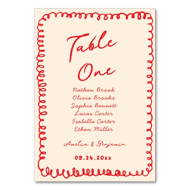 red hand drawn heart whimsical wedding tischnummer (Vorderseite)