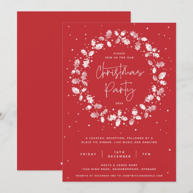 Red Hand drucktes Holly Wreath Weihnachtsfest-Part Einladung (Vorne/Hinten)