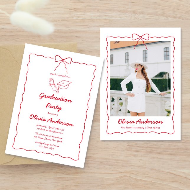 Red Hand Gezeichnet Bow Squiggle Foto Graduation P Einladung (Von Creator hochgeladen)