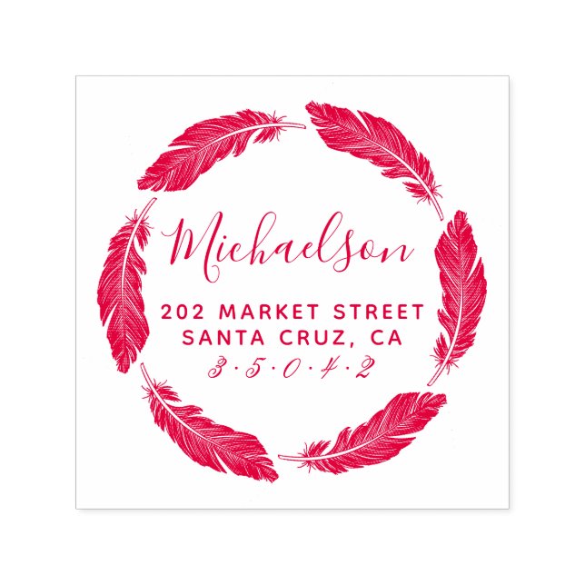 Red Hand gezeichnet Feather Family Name Rücksendea Permastempel (Design)