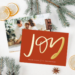 Red Hand Lettered Joy Foto Gold Foil Holiday Card Folien Feiertagskarte