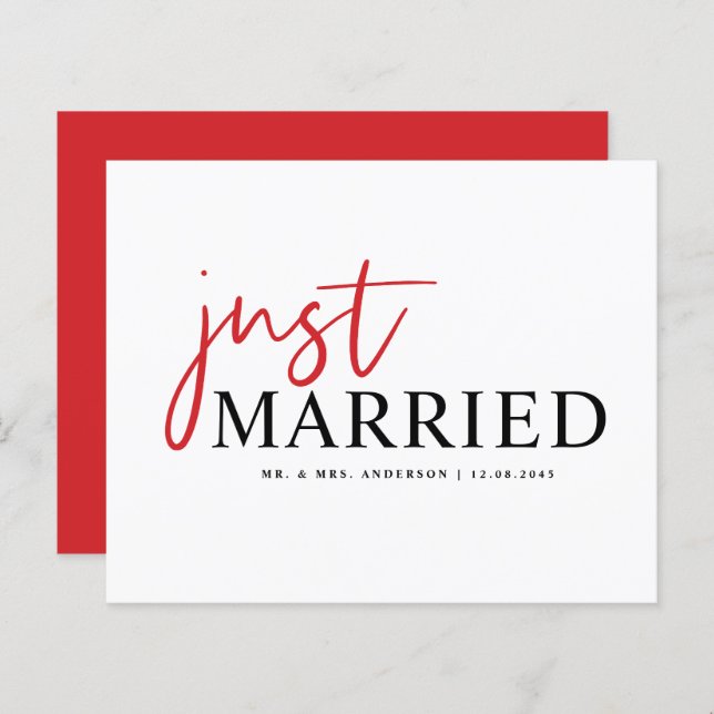 Red Handwriting Just Married Announcement (Vorne/Hinten)