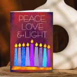 Red Hanukkah Blue Boho Candles Peace Liebe Light Feiertagskarte<br><div class="desc">"Frieden, Liebe und Licht." Eine spielerische, moderne, künstlerische Abbildung von Boho Musterkerzen in einer Menorah hilft Ihnen, den Urlaub von Hanukkah zu beginnen. Die blauen Kerzen mit bunten Imitat-Folienmustern überlagern einen reichen, tief verbrannten, orangefarbenen Hintergrund. Genießen Sie die Wärme und Freude der Urlaubssaison, wenn Sie diese atemberaubende, farbenfrohe, personalisierte Hanukkah...</div>