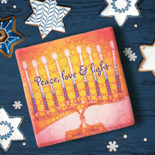 Red Hanukkah Menorah Peace Liebe Light Script Bold Steinuntersetzer