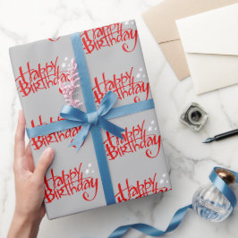 Red Happy Birthday on Gray Geschenkpapier