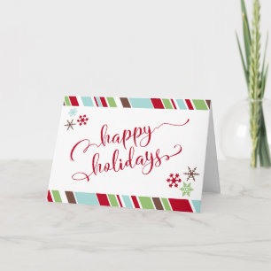 Red Happy Holidays, Snowflakes & Diagonal Stripes Feiertagskarte