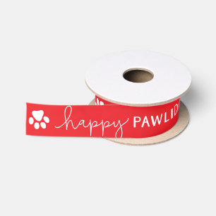 Red Happy Pawlidays Name and Paw Print Gift Satinband