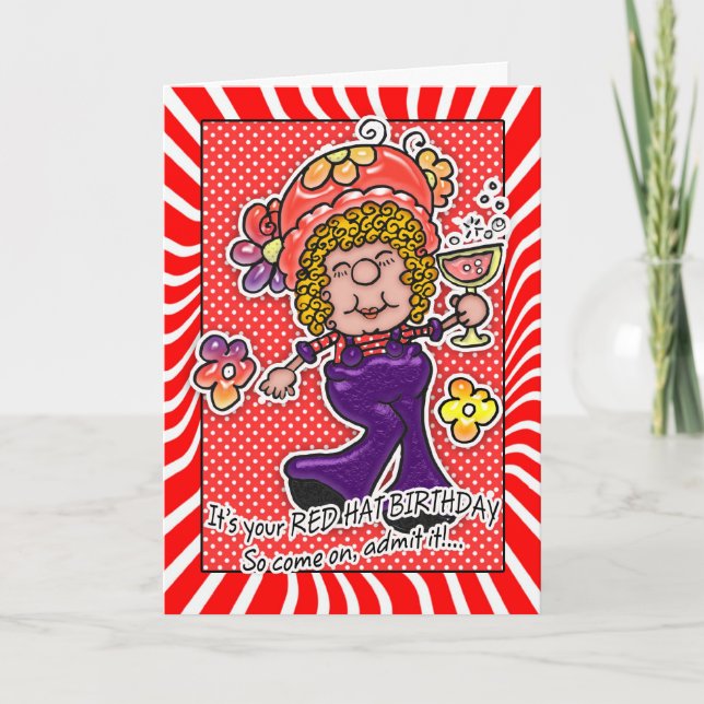 Red Hat Birthday Card - Spaß Lady mit einem Glas W Karte (Vorderseite)