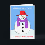 Red Hat Christmas Snowman Cartoon Karte<br><div class="desc">Ein Schneemann aus Cartoon mit einem roten Hut und einem lila Schal,  begleitet von den Worten "Frohe Weihnachten für meinen Freund mit dem roten Hut".</div>