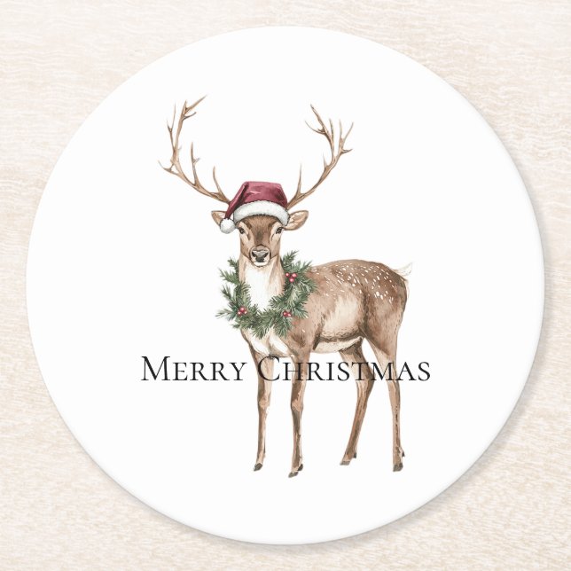 Red Hat Reindeer Christmas Runder Pappuntersetzer (Vorderseite)
