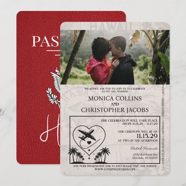 Red Hawaii Passport Hochzeitseinladung Einladung (Vorne/Hinten)