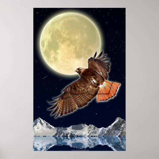 RED HAWK MOON II Wildlife Fantasy Art Poster (Vorne)