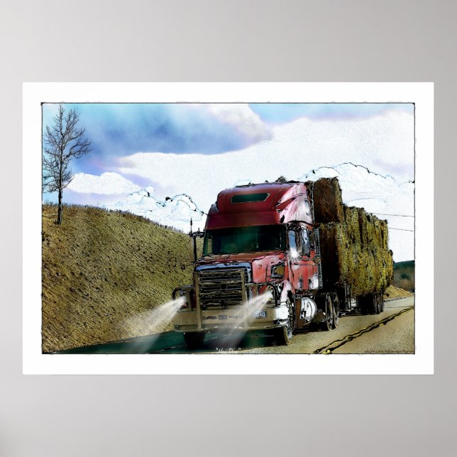 Red Hay Truck Highway Driving Illustration Poster (Vorne)
