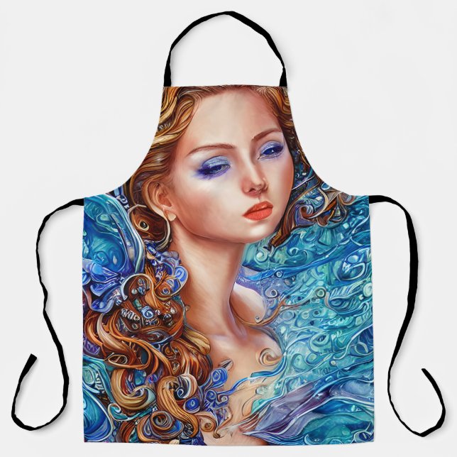 Red Head Goddess Blue Ocean Waves Fantasy Art Schürze (Vorderseite)
