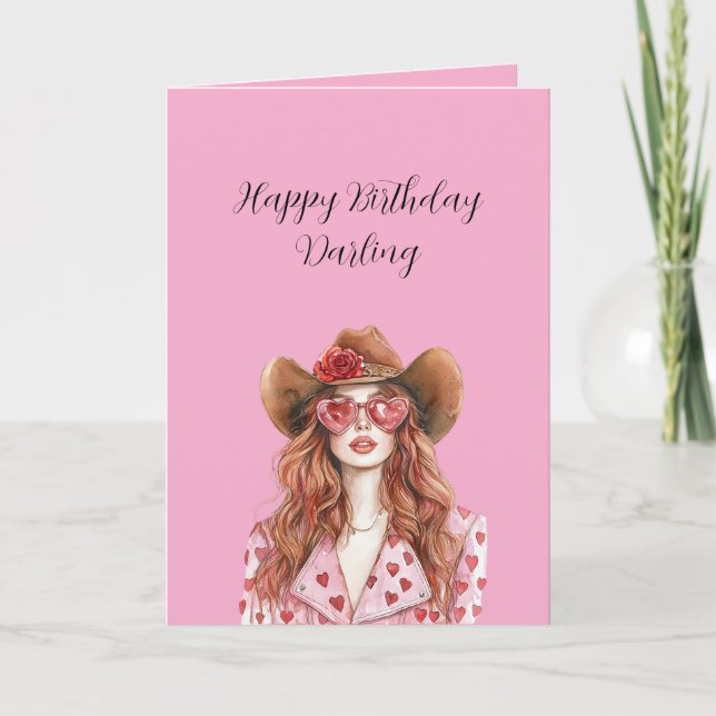 Red Head Lady Cowgirl Hearts Birthday Karte (Vorderseite)