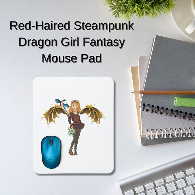 Red-Headed Steampunk Dragon Girl Mousepad (Steampunk dragon girl with dragonet companion)