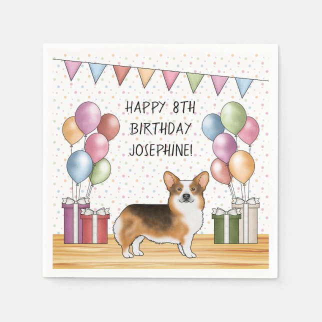 Red Headed Tri Pembroke Welsh Corgi Happy Birthday Serviette (Vorderseite)