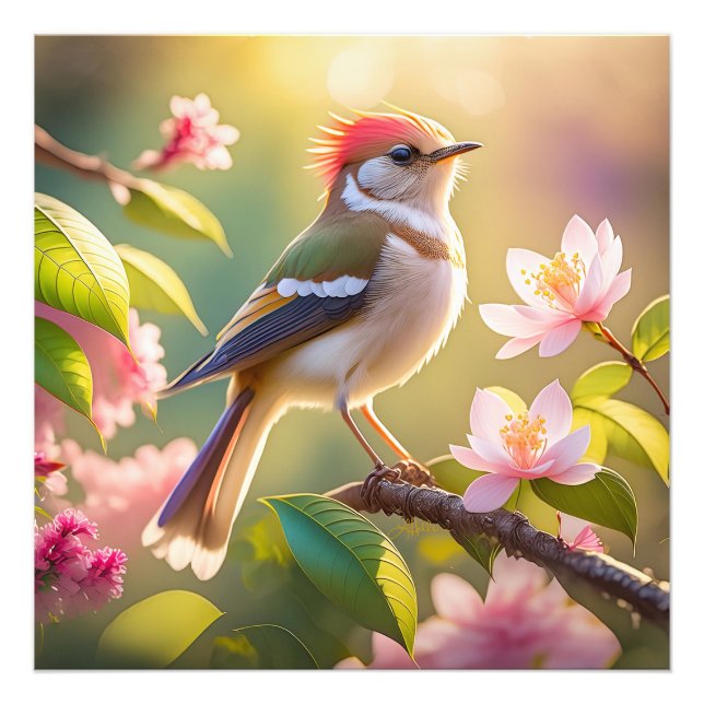Red Header Buff Chested Warbler Fantasy Bird Fotodruck (Vorne)