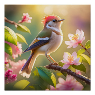Red Header Buff Chested Warbler Fantasy Bird Poster