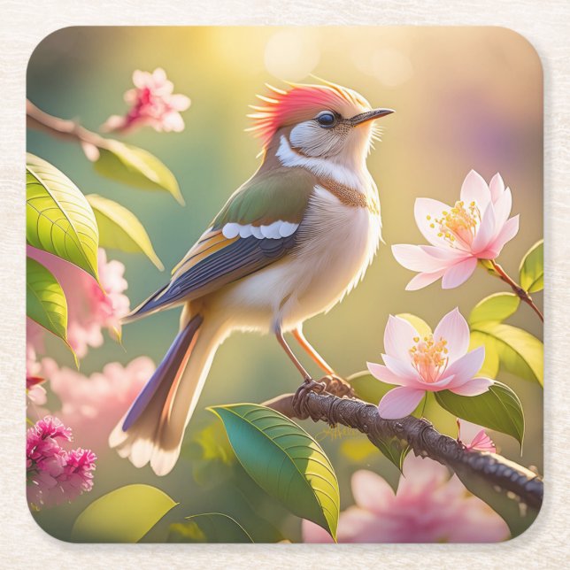 Red Header Buff Chested Warbler Fantasy Bird Rechteckiger Pappuntersetzer (Vorderseite)