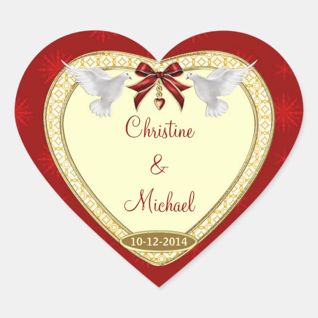 Red Heart and Doves Custom Wedding Stickers (Vorderseite)