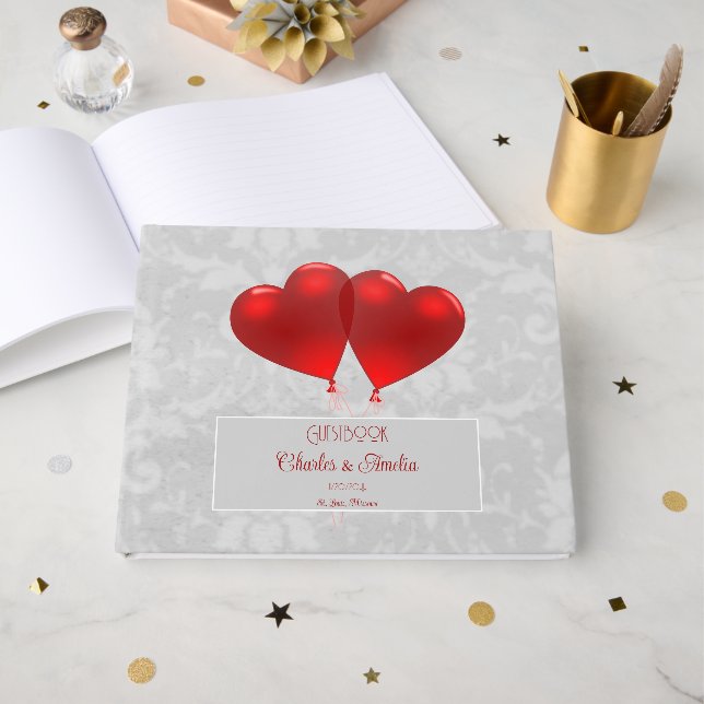Red Heart Balloons Wedding Guest Book Gästebuch (Vorderseite Offen)