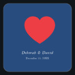 Red Heart Blue Modern Minimalist Wedding Quadratischer Aufkleber<br><div class="desc">You can easily change the fonts and colors. You can also add your logo and the background image as you like.</div>
