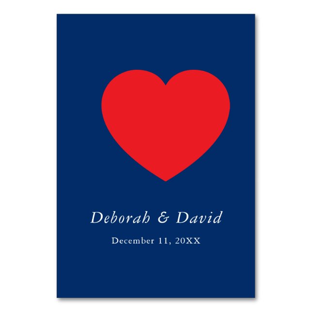 Red Heart Blue Modern Minimalist Wedding Tischnummer (Vorderseite)