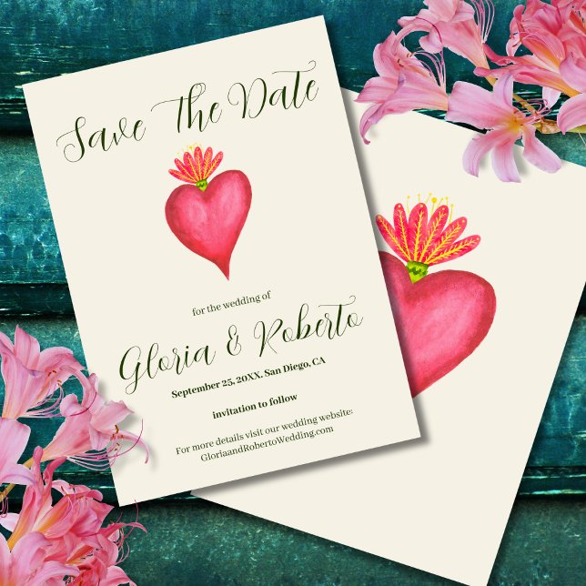 Red Heart & Blume Mexican Wedding Save the Date Einladung (Von Creator hochgeladen)